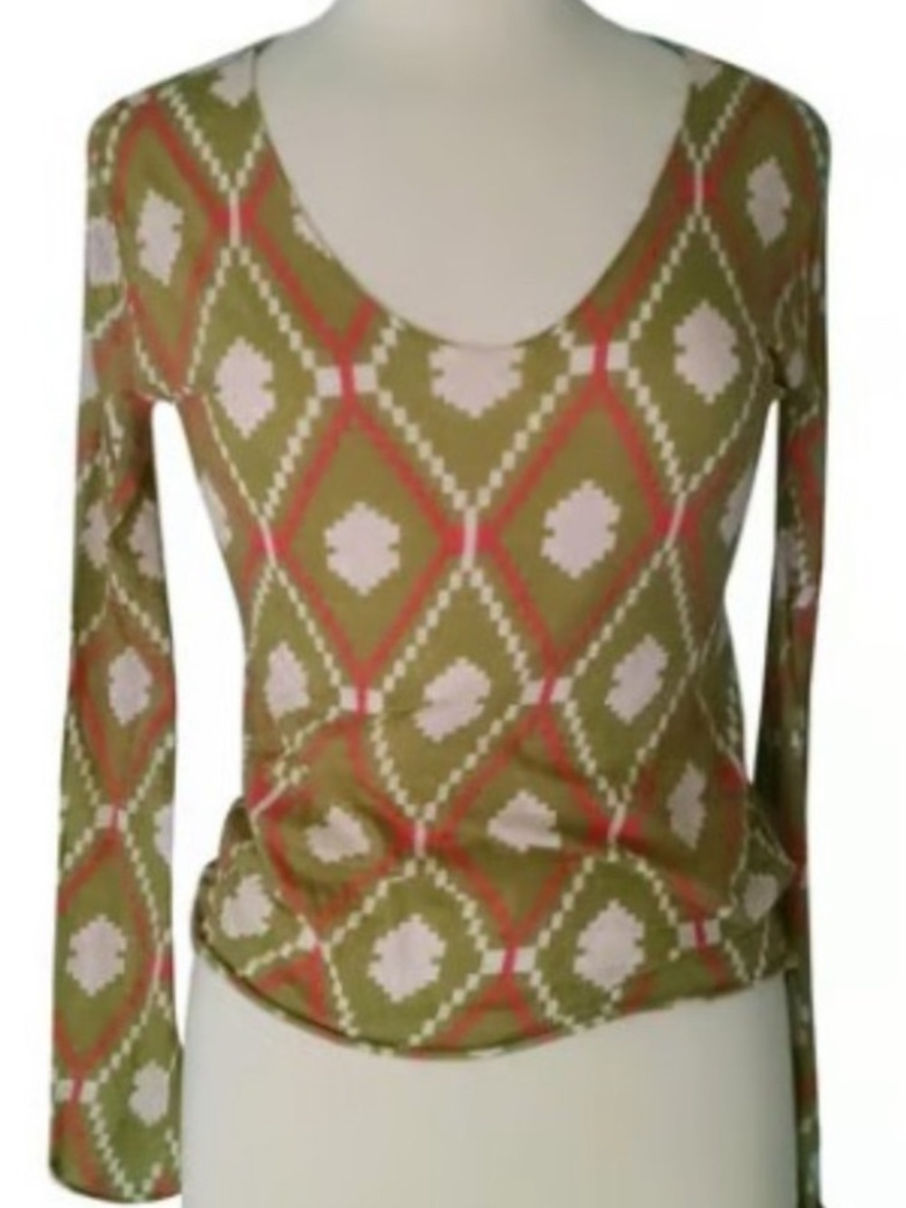 Tory Burch Olive Geometric Scoop Neck Long Sleeve Top